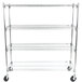 A chrome Metro wire shelving unit with four shelves and wheels.