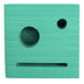 A teal wooden block with a line and two holes in the face.