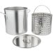 A silver stainless steel Vollrath fryer pot with a lid and basket.