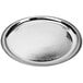 A silver Vollrath stainless steel round serving tray with a design on it.