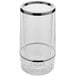 A clear acrylic wine cooler with a metal rim.