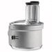 A silver KitchenAid food processor attachment with a clear lid.