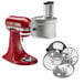 A red KitchenAid mixer with a silver KitchenAid food processor attachment.