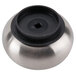 A stainless steel pepper mill with a black knob.
