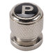 A close-up of the metal knob on a Chef Specialties stainless steel pepper mill with a "P" on it.