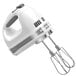 A white KitchenAid 9 speed hand mixer with stainless steel attachments.