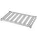 An adjustable aluminum T-bar shelf for dunnage shelving with four bars on it.