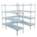 A MetroMax metal shelving unit with blue shelves on it.