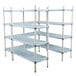 A white MetroMax shelving unit with blue shelves and handles.