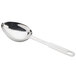 A silver stainless steel Vollrath 1/2 cup measuring scoop with a handle.