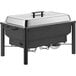 A rectangular black wrought iron Acopa electric chafer with a stainless steel lid.