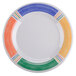 A white plate with colorful stripes on the rim.