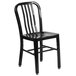A black metal Flash Furniture outdoor restaurant chair with a vertical slat back.