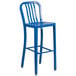 A blue Flash Furniture metal bar stool with a vertical slat back.