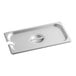 A stainless steel slotted steam table pan cover with a handle.