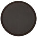 A brown round Cambro non-skid serving tray with a black rim.