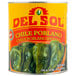 A yellow Del Sol #10 can of whole green Poblano peppers.