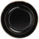 A Fineline Silver Splendor black plastic dinner plate with a gold rim.