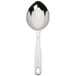 A silver stainless steel measuring scoop with a handle.