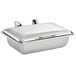 A Vollrath stainless steel rectangular chafing dish with a lid.