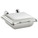 A Vollrath square silver induction chafer with a stainless steel lid.