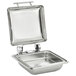 A silver square Vollrath induction chafer with a stainless steel lid.