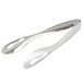 A close-up of a pair of silver American Metalcraft stainless steel serving tongs with holes.