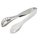 A pair of stainless steel American Metalcraft serving tongs with holes in the spoon ends.