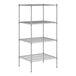 A white wireframe of a Regency metal shelving unit with four shelves.
