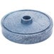 A round blue polyethylene tortilla server lid with a hole in it.