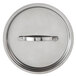 A stainless steel lid with a metal handle on a white background.