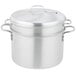 A silver stainless steel Vollrath pasta cooker with handles and a lid.