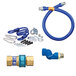 A blue Dormont gas connector kit with a swivel fitting and restraining cable.