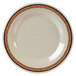 A Carlisle Sierra Sand melamine plate with a brown rim.