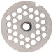 A circular stainless steel Avantco grinder plate with holes.