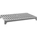 A grey metal shelf with a grey metal vented grate.