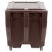 A dark brown Cambro mobile ice bin with sliding lid and wheels.