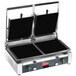 A Cecilware double panini sandwich grill on a counter with two flat surfaces.
