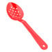 A red Thunder Group polycarbonate salad bar spoon with holes.