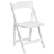 A white Flash Furniture folding chair with a white padded wooden seat.