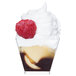 A WNA Comet Petites square plastic tasting cup filled with dessert, whipped cream, and a raspberry.