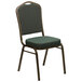 A Flash Furniture banquet chair with green fabric and a gold vein frame.