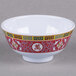 A white Thunder Group Longevity melamine rice bowl with a red and yellow oriental design.