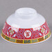 A white melamine rice bowl with a red and yellow Longevity design.