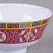 A white melamine bowl with oriental designs on it.