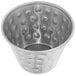 A Choice stainless steel round sauce cup with a hammered metal surface and holes.