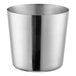 A silver stainless steel cup with a flat top.