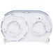 A white plastic San Jamar Versatwin double roll toilet tissue dispenser with blue trim and two circles.