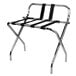 A Lancaster Table & Seating chrome metal folding luggage rack with straps.