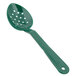 A close-up of a green plastic Thunder Group salad bar spoon with holes.